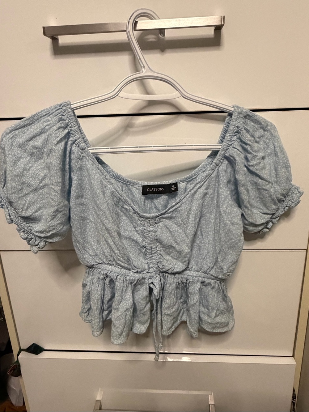 Glassons Powder Blue Puff Sleeve Drawstring Peplum Crop Top